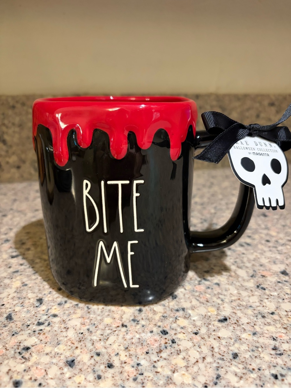 Rae Dunn Black Mug with Red Drip "Bite Me"